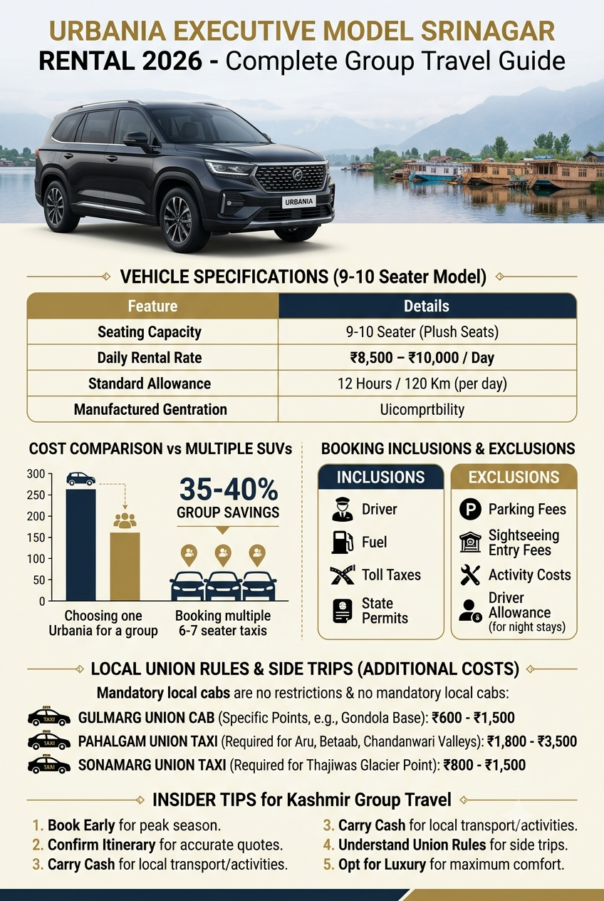 Urbania executive model Srinagar rental 2026 infographic - 9-10 seater 8500-10000 rupees, cost savings 35-40% vs SUVs, union rules Gulmarg Pahalgam Sonamarg