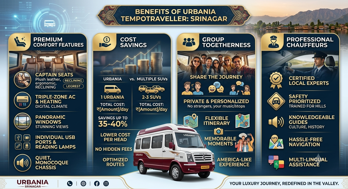 Urbania Tempo Traveller Srinagar Booking 2026 | ₹8,500 | Book Online 8 Urbania tempo traveller Srinagar booking 2026 - benefits infographic