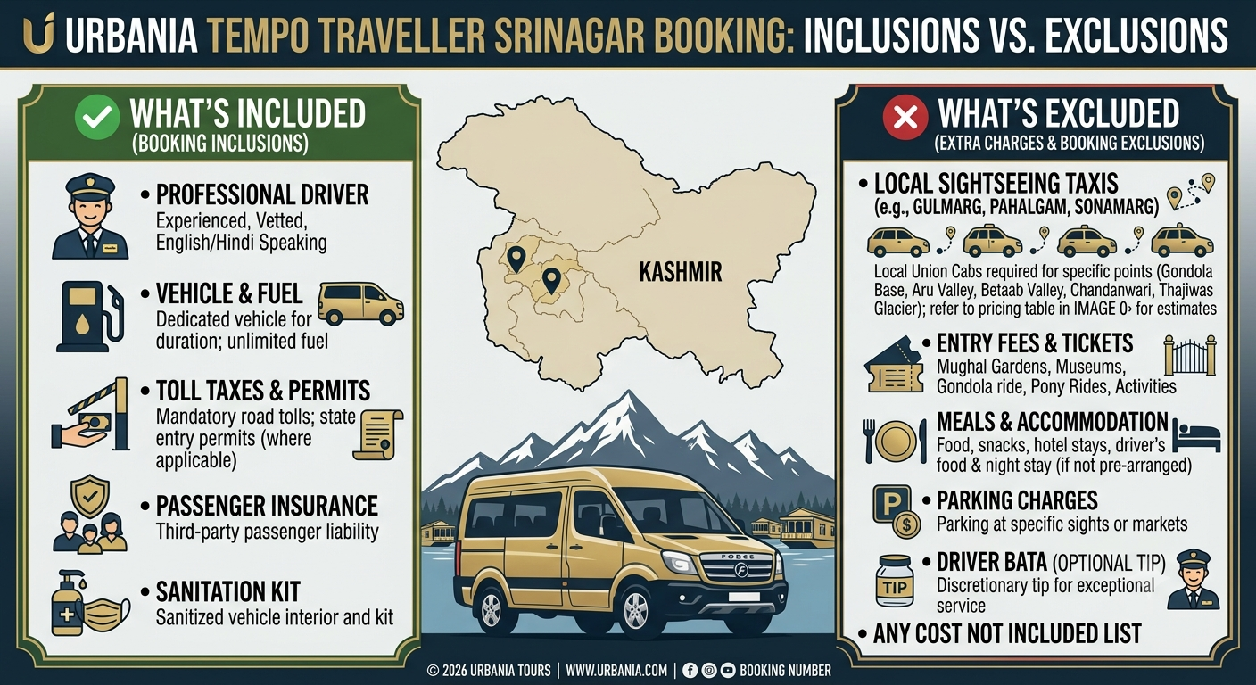Urbania Tempo Traveller Srinagar Booking 2026 | ₹8,500 | Book Online 10 Urbania tempo traveller Srinagar booking 2026 - inclusions and exclusions infographic