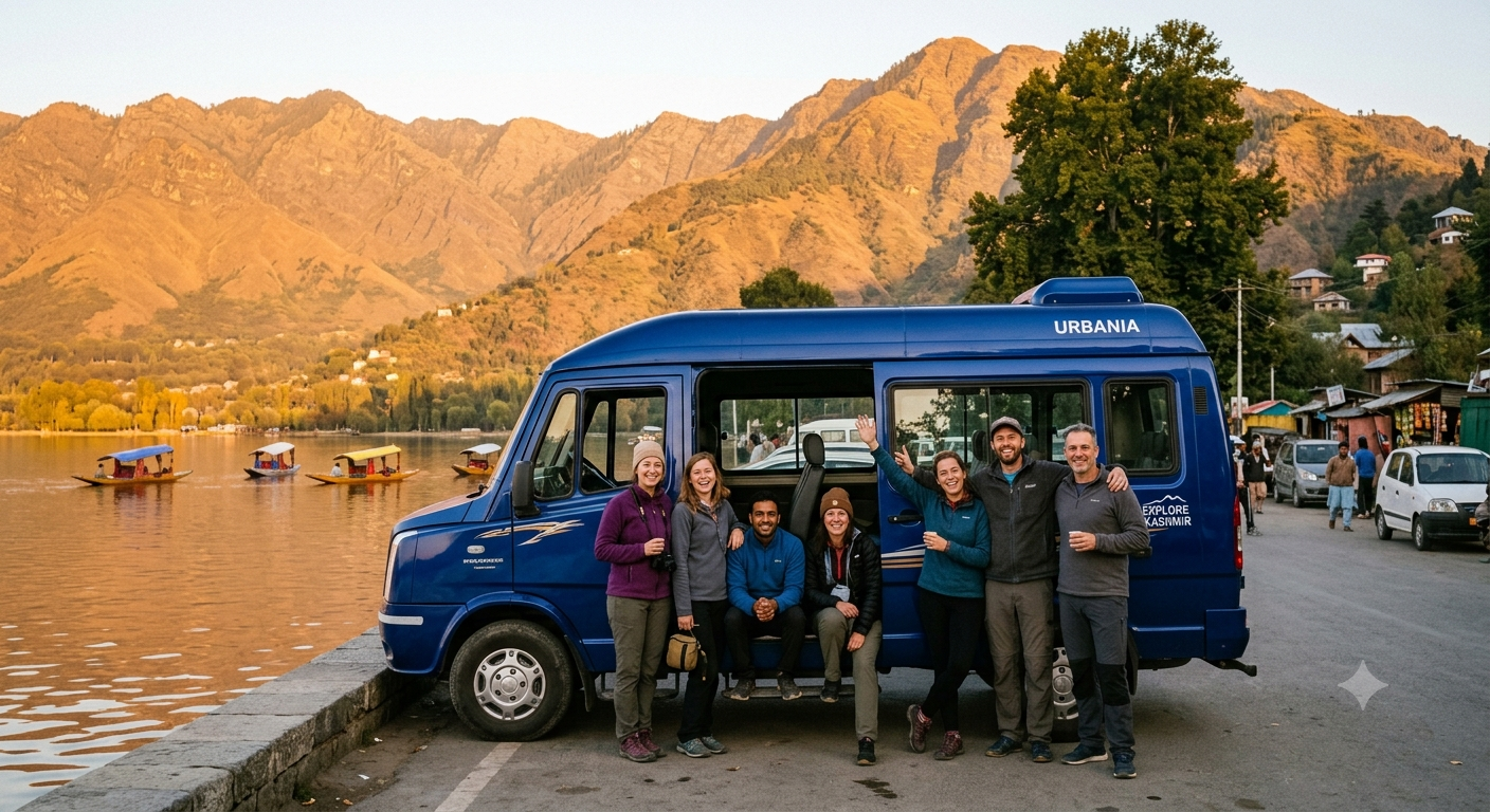Urbania Tempo Traveller Srinagar Booking 2026 | ₹8,500 | Book Online 7 Urbania tempo traveller Srinagar booking 2026 - luxury Urbania with happy group on Dal Lake