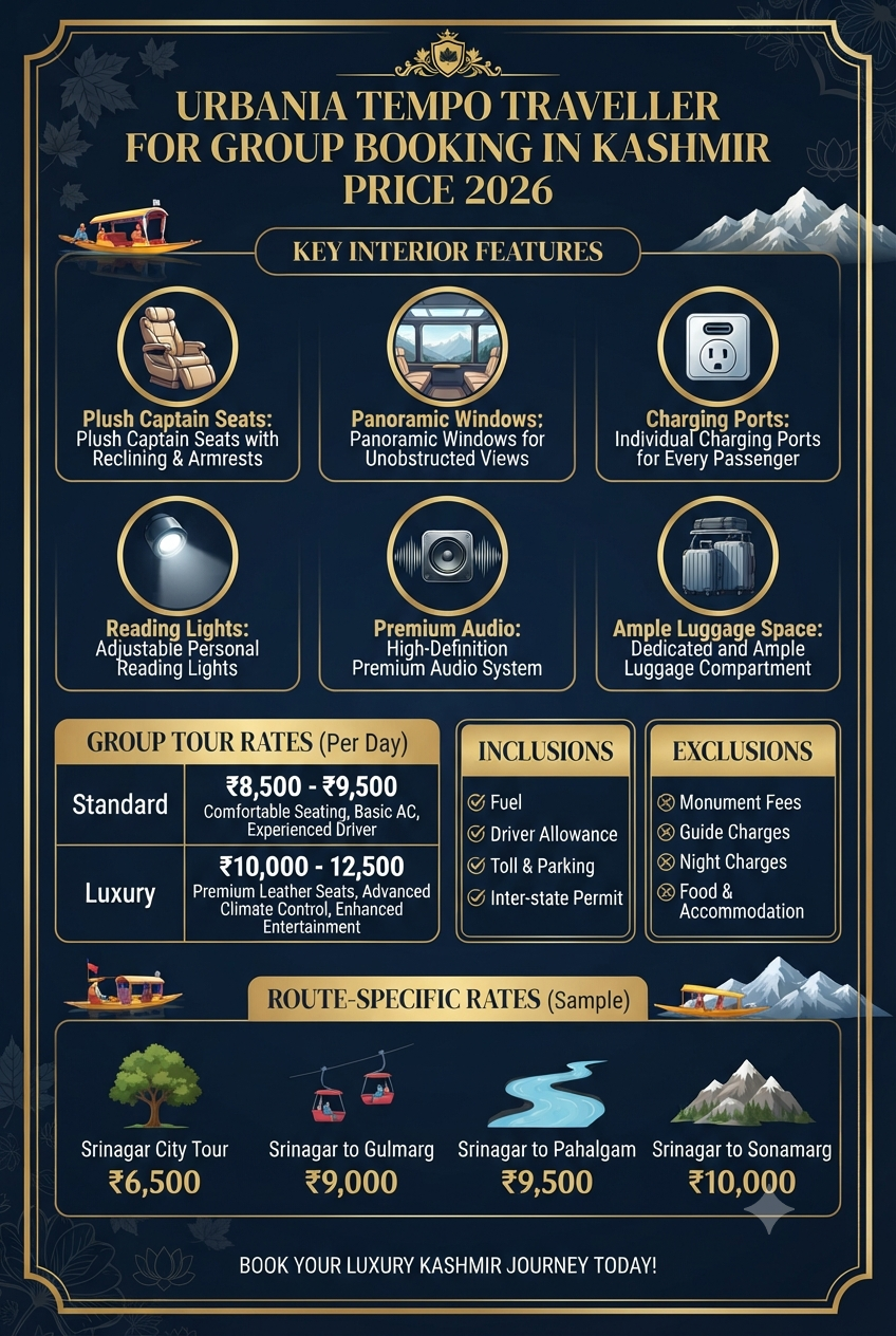 Urbania tempo traveller for group booking in Kashmir price 2026 infographic - features and rates
