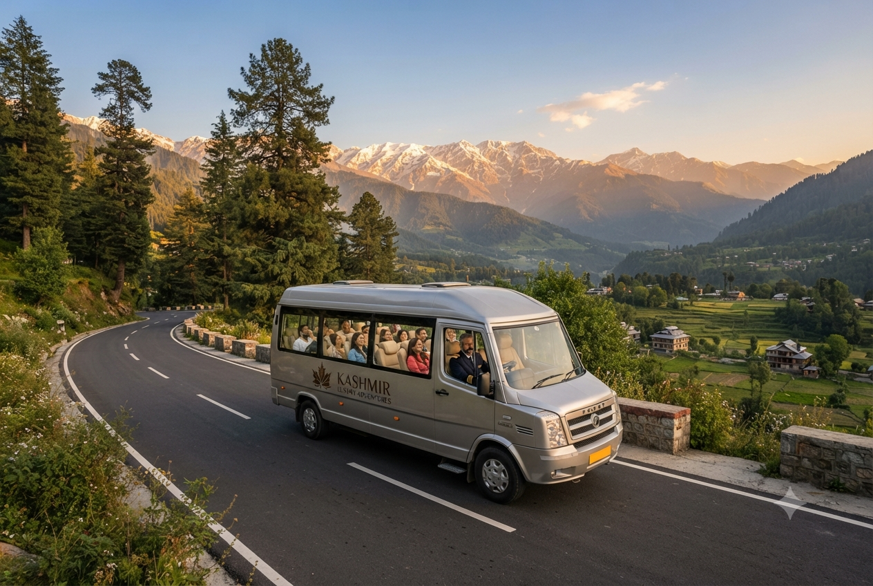 Urbania tempo traveller for group booking in Kashmir price 2026 - luxury vehicle on scenic Kashmir road