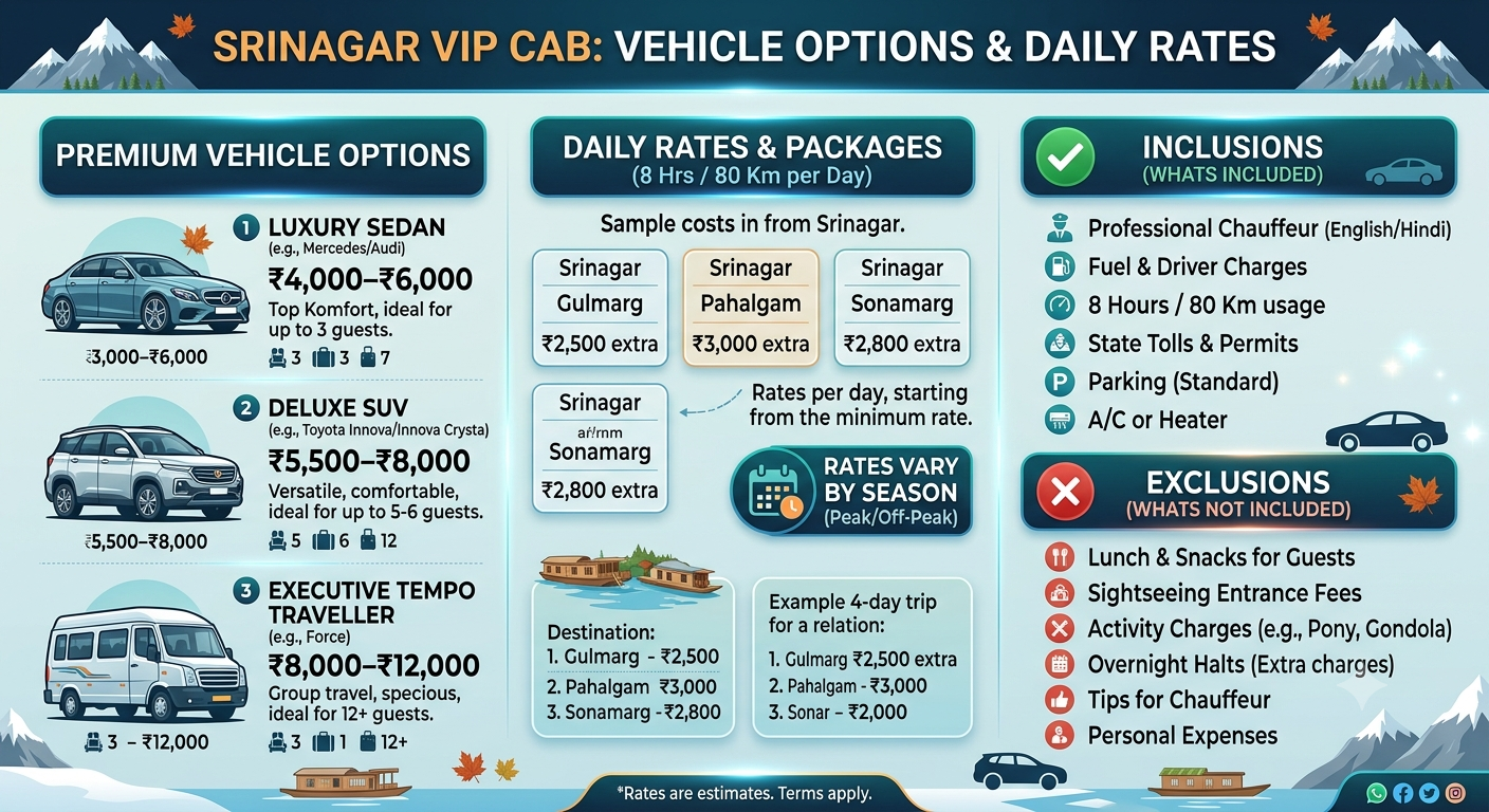  VIP cab Srinagar 2026 - complete pricing and inclusions infographic