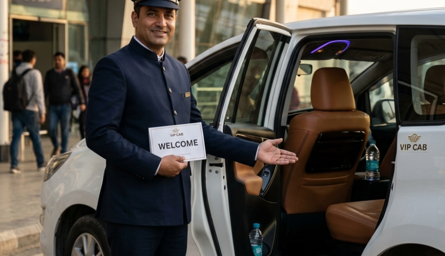 VIP cab Srinagar 2026 - professional chauffeur with luxury Innova Crysta at Srinagar Airport arrivals