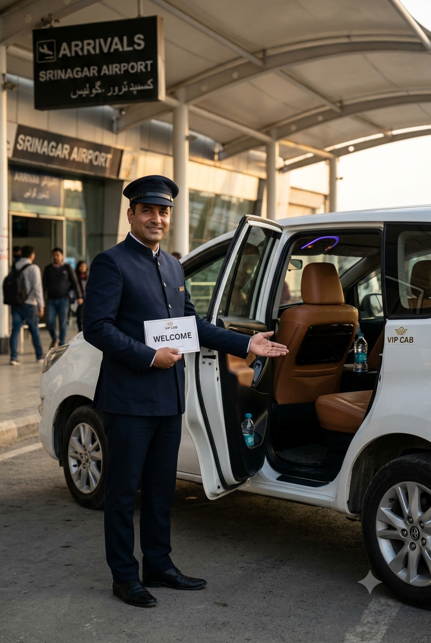 VIP cab Srinagar 2026 - professional chauffeur with luxury Innova Crysta at Srinagar Airport arrivals