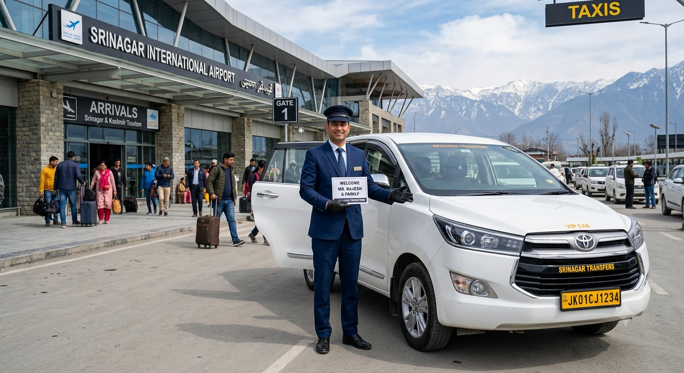 VIP cab Srinagar 2026 - professional chauffeur with luxury Innova Crysta at Srinagar Airport