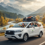White Innova Crysta SUV driving on winding mountain road from Srinagar to Gulmarg with happy family and Himalayan peaks - outstation taxi service in Kashmir