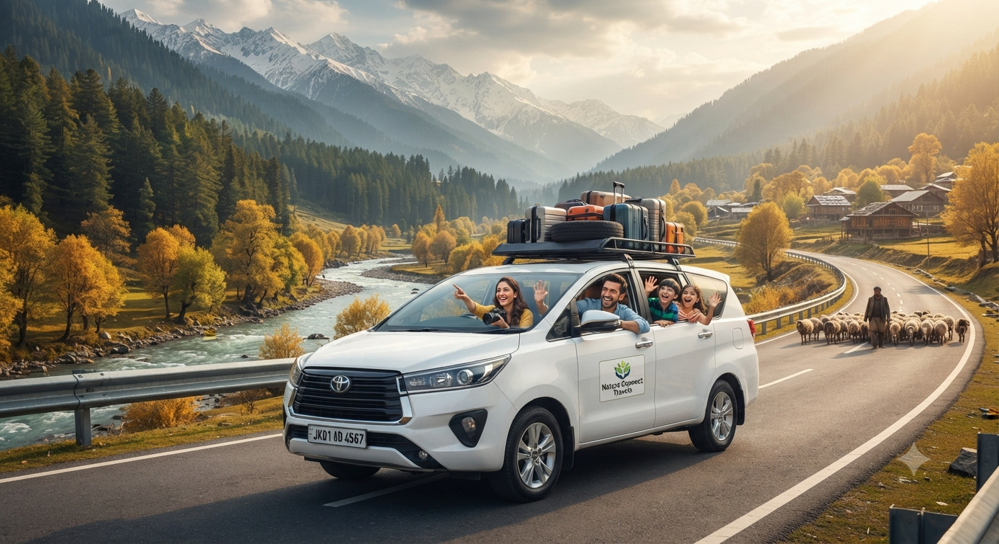White Innova Crysta SUV driving on winding mountain road from Srinagar to Gulmarg with happy family and Himalayan peaks - outstation taxi service in Kashmir