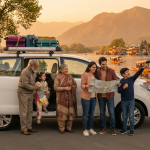 Happy multigenerational Indian family with white Innova SUV on Srinagar's Boulevard Road with Dal Lake and mountains - family cab service in Kashmir