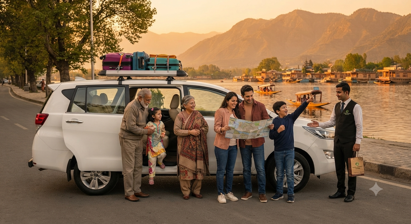 Happy multigenerational Indian family with white Innova SUV on Srinagar's Boulevard Road with Dal Lake and mountains - family cab service in Kashmir