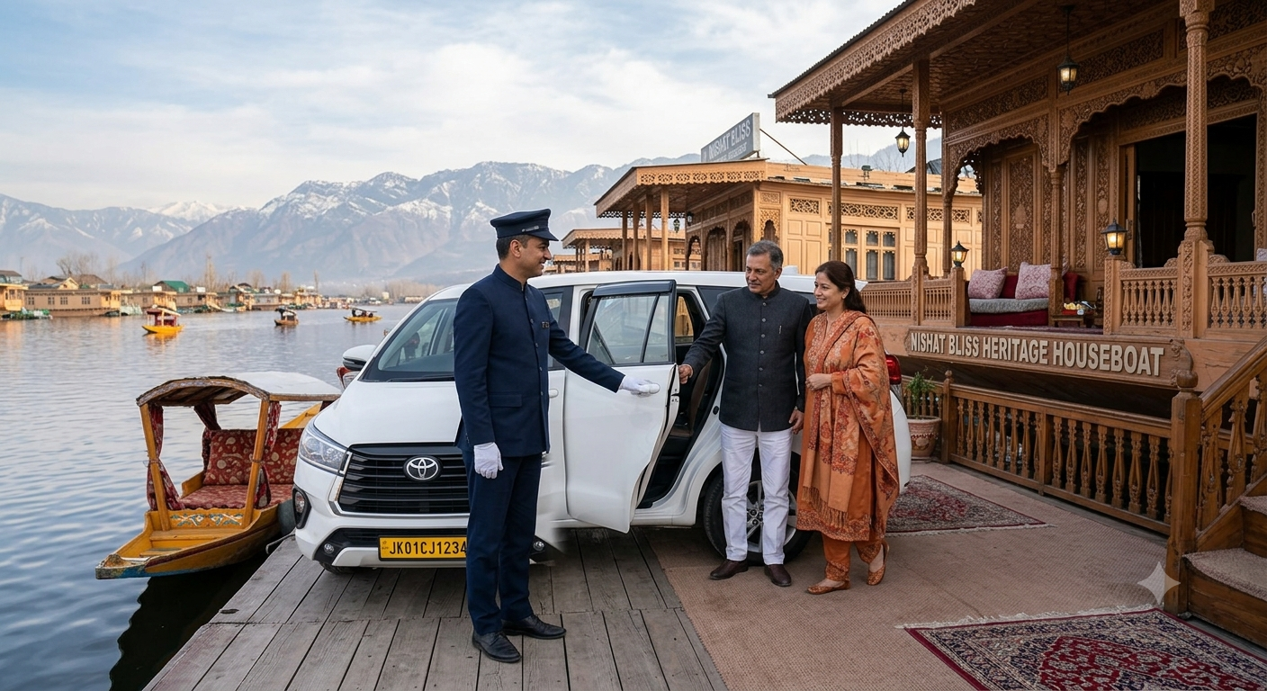 Innova Crysta VIP Taxi Srinagar 2026 | ₹5,500/Day | Book Now 11 nnova Crysta VIP taxi Srinagar 2026 - chauffeur at luxury houseboat on Dal Lake