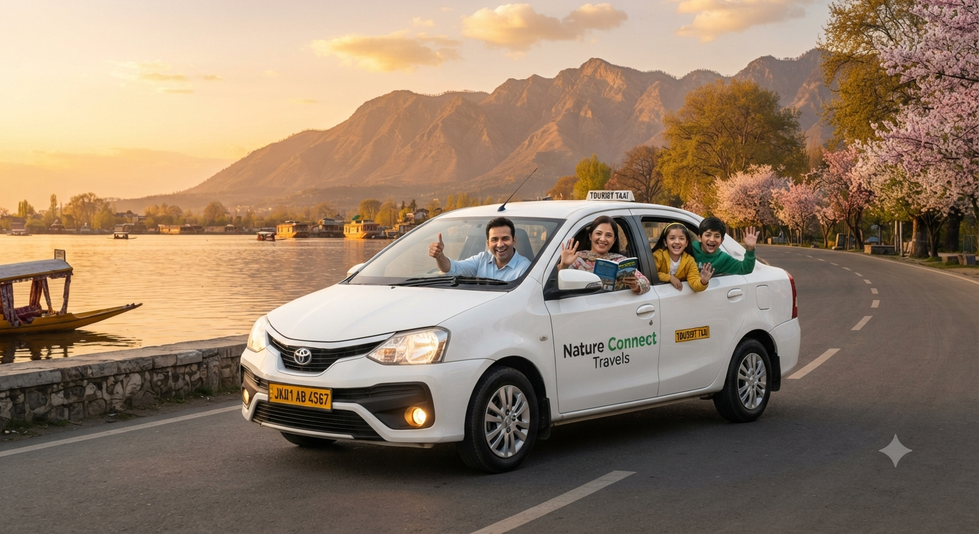 White Toyota Etios sedan cab on Srinagar's Boulevard Road with Dal Lake, houseboats, and Zabarwan mountains - sedan cab service Kashmir for comfortable family travel