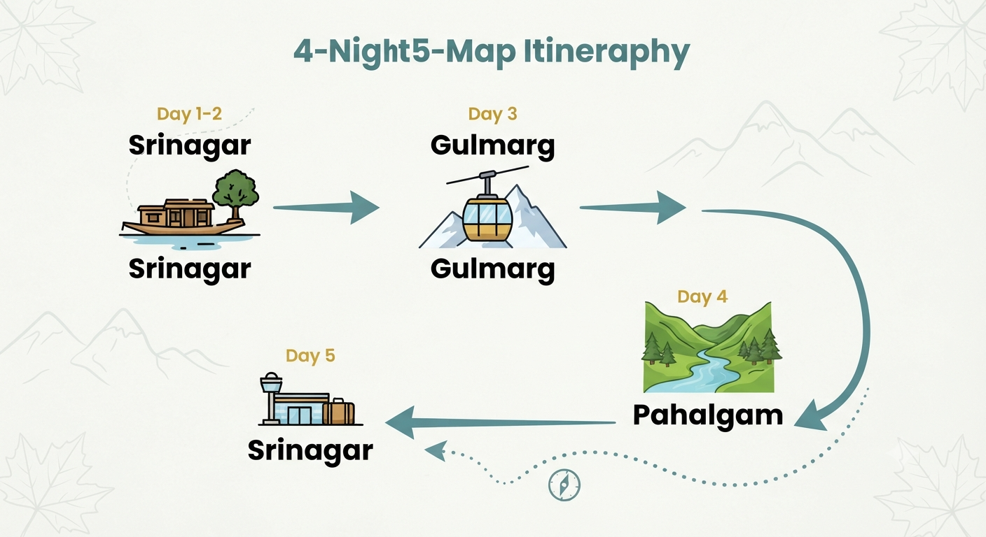 4 Nights 5 Days Srinagar Gulmarg Pahalgam Itinerary Cost 2026 11 4 nights 5 days Srinagar Gulmarg Pahalgam itinerary cost route map day by day