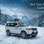 4x4 taxi for winter Gulmarg - snow chain equipped SUV driving through snowfall with Nature Connect Travels