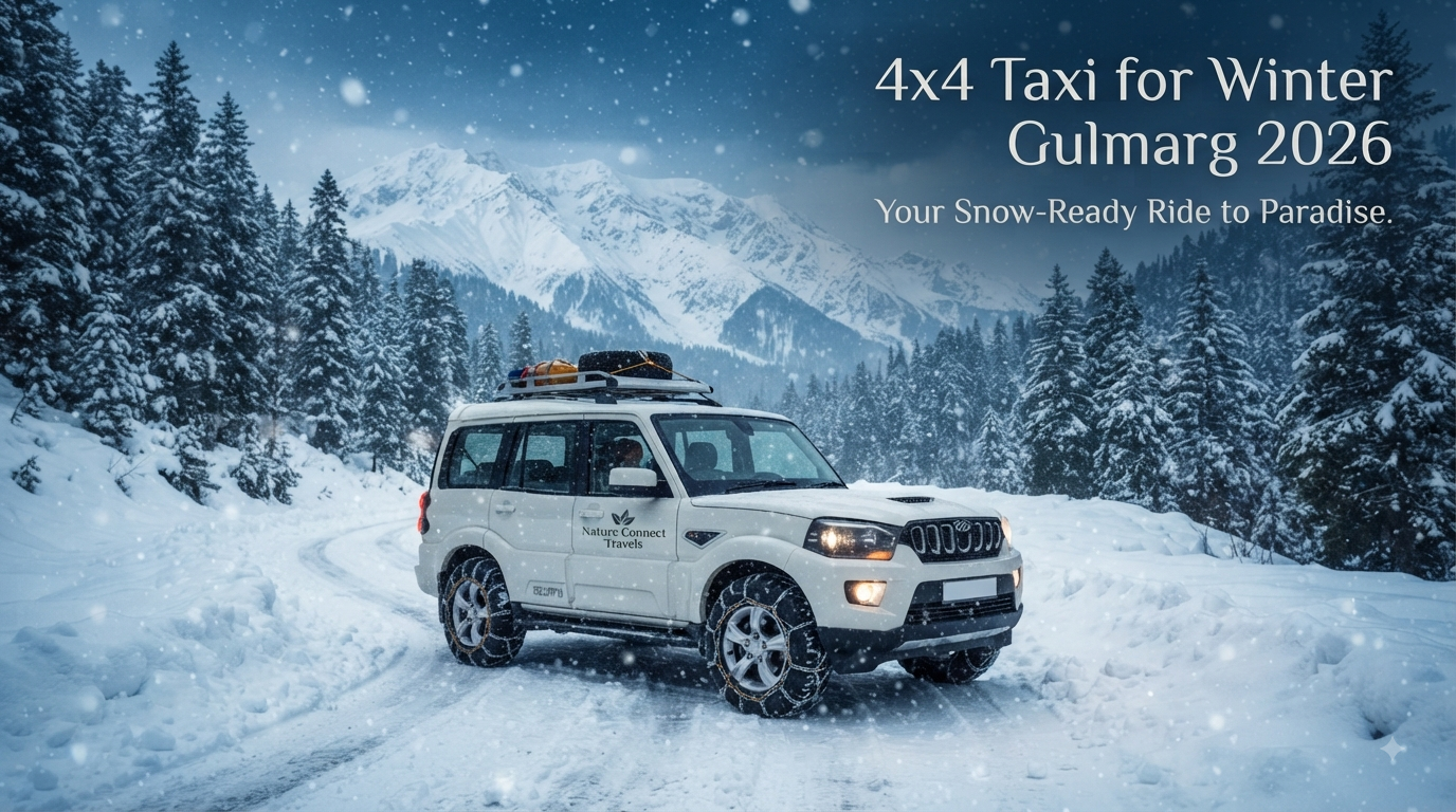 4x4 taxi for winter Gulmarg - snow chain equipped SUV driving through snowfall with Nature Connect Travels