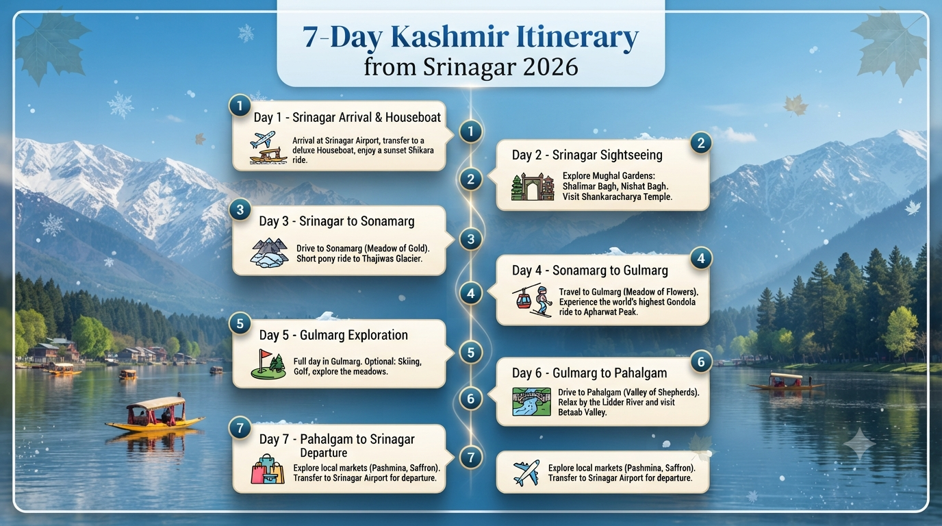 6 nights 7 days Kashmir itinerary from Srinagar - 7-day itinerary infographic