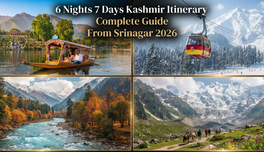 6 nights 7 days Kashmir itinerary from Srinagar - scenic collage of Dal Lake Gulmarg Gondola Pahalgam Sonamarg Nature Connect Travels