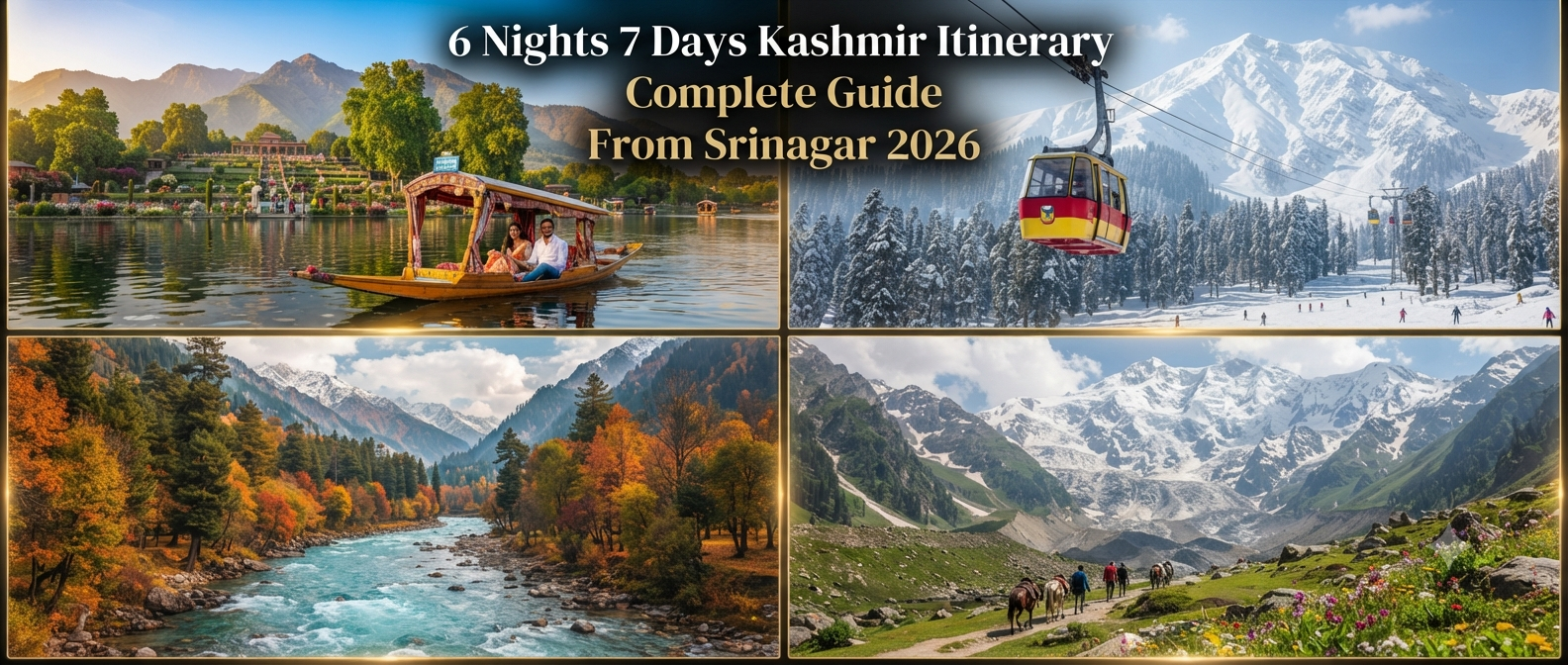 6 nights 7 days Kashmir itinerary from Srinagar - scenic collage of Dal Lake Gulmarg Gondola Pahalgam Sonamarg Nature Connect Travels
