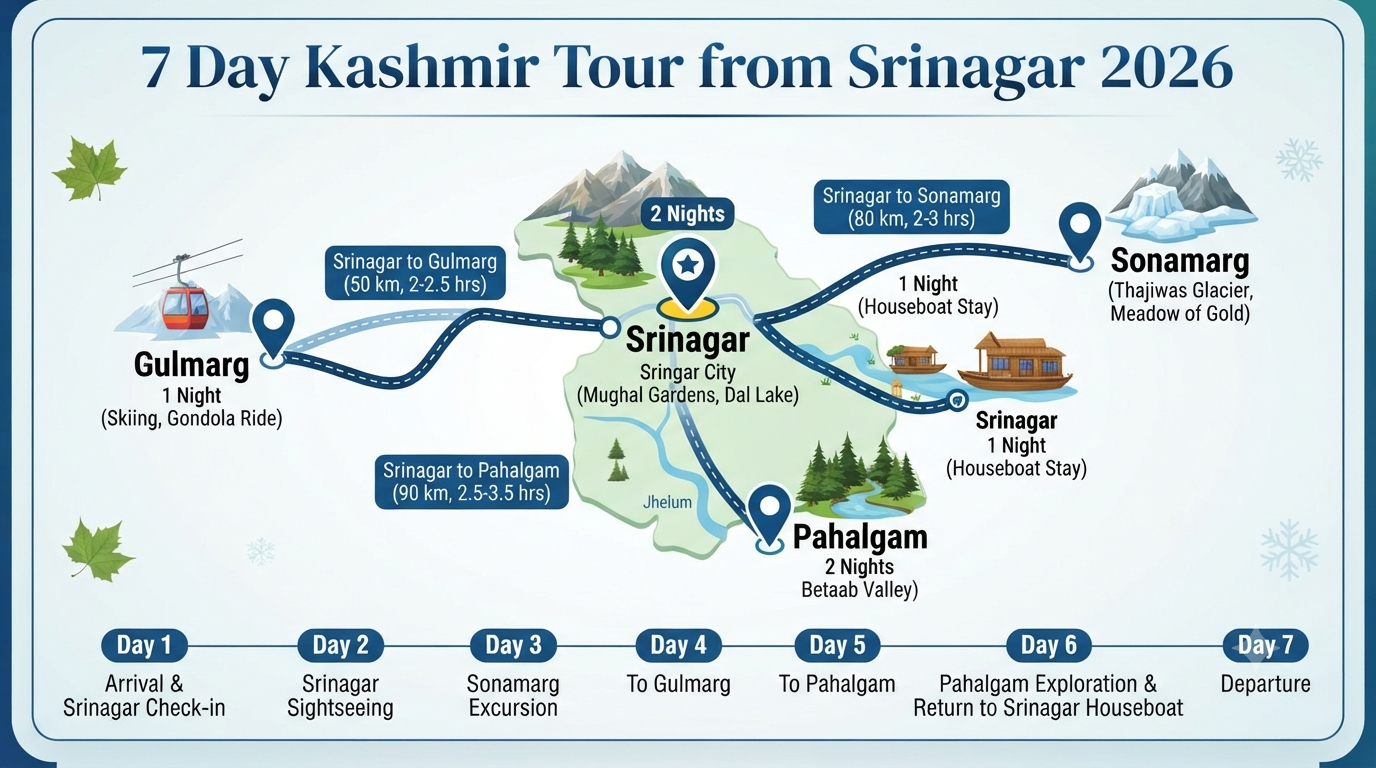 6 nights 7 days Kashmir itinerary from Srinagar - tour overview infographic route map