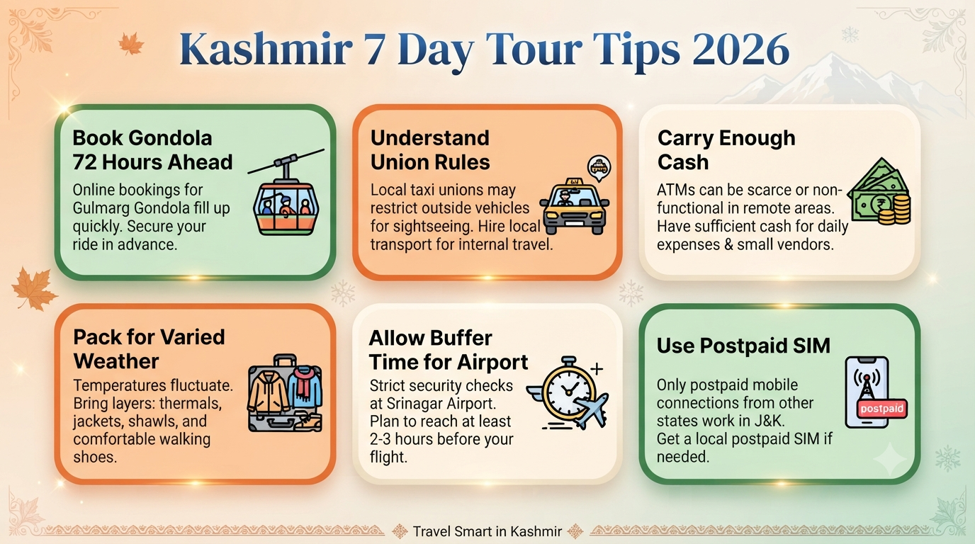 6 nights 7 days Kashmir itinerary from Srinagar - travel tips infographic
