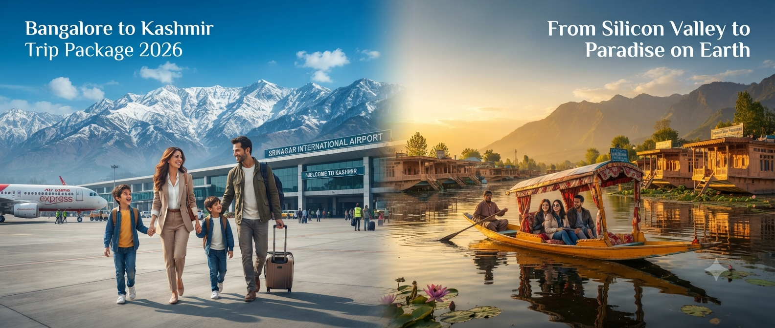 Bangalore to Kashmir trip package - travelers arriving in Srinagar with houseboat on Dal Lake