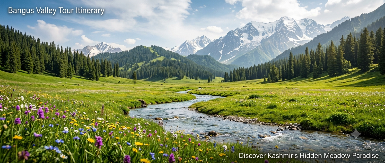 Bangus Valley tour itinerary - vast green alpine meadow with streams and pine forests in Kashmir
