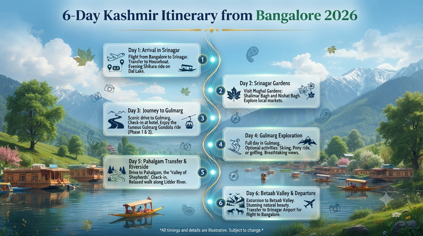 Best Kashmir Itinerary 5 Nights 6 Days from Bangalore 2026 | ₹18K-₹2L 11 Best Kashmir itinerary 5 nights 6 days from Bangalore - 6-day itinerary infographic