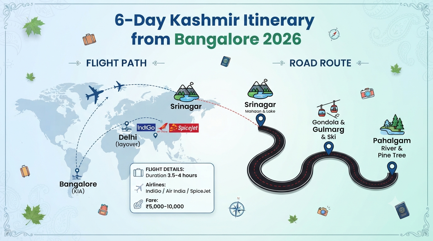 Best Kashmir Itinerary 5 Nights 6 Days from Bangalore 2026 | ₹18K-₹2L 9 Best Kashmir itinerary 5 nights 6 days from Bangalore - flight and tour overview infographic