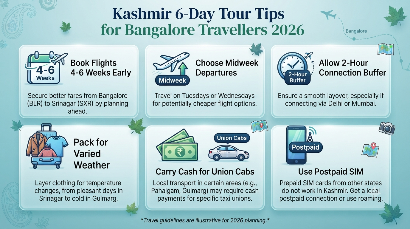 Best Kashmir Itinerary 5 Nights 6 Days from Bangalore 2026 | ₹18K-₹2L 13 Best Kashmir itinerary 5 nights 6 days from Bangalore - travel tips infographic