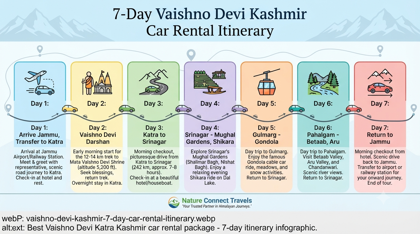 Best Vaishno Devi Katra Kashmir Car Rental Package 2026 | SUV, Sedan & Tempo 10 Best Vaishno Devi Katra Kashmir car rental package - 7-day itinerary
