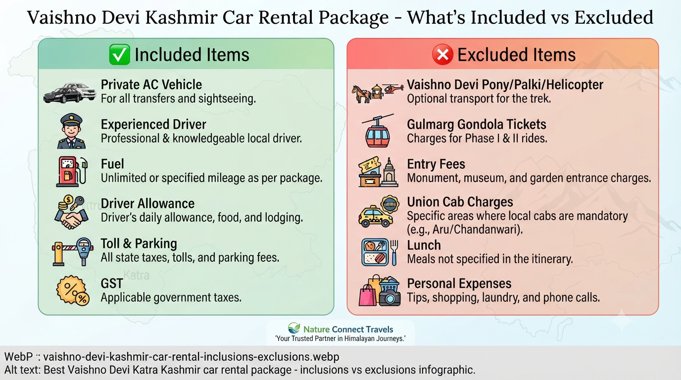 Best Vaishno Devi Katra Kashmir Car Rental Package 2026 | SUV, Sedan & Tempo 12 Best Vaishno Devi Katra Kashmir car rental package - inclusions vs exclusions