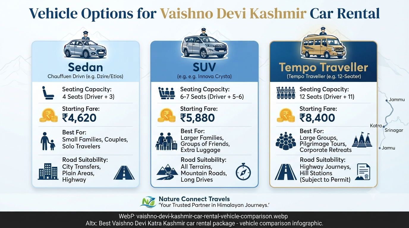 Best Vaishno Devi Katra Kashmir Car Rental Package 2026 | SUV, Sedan & Tempo 9 Best Vaishno Devi Katra Kashmir car rental package - vehicle comparison