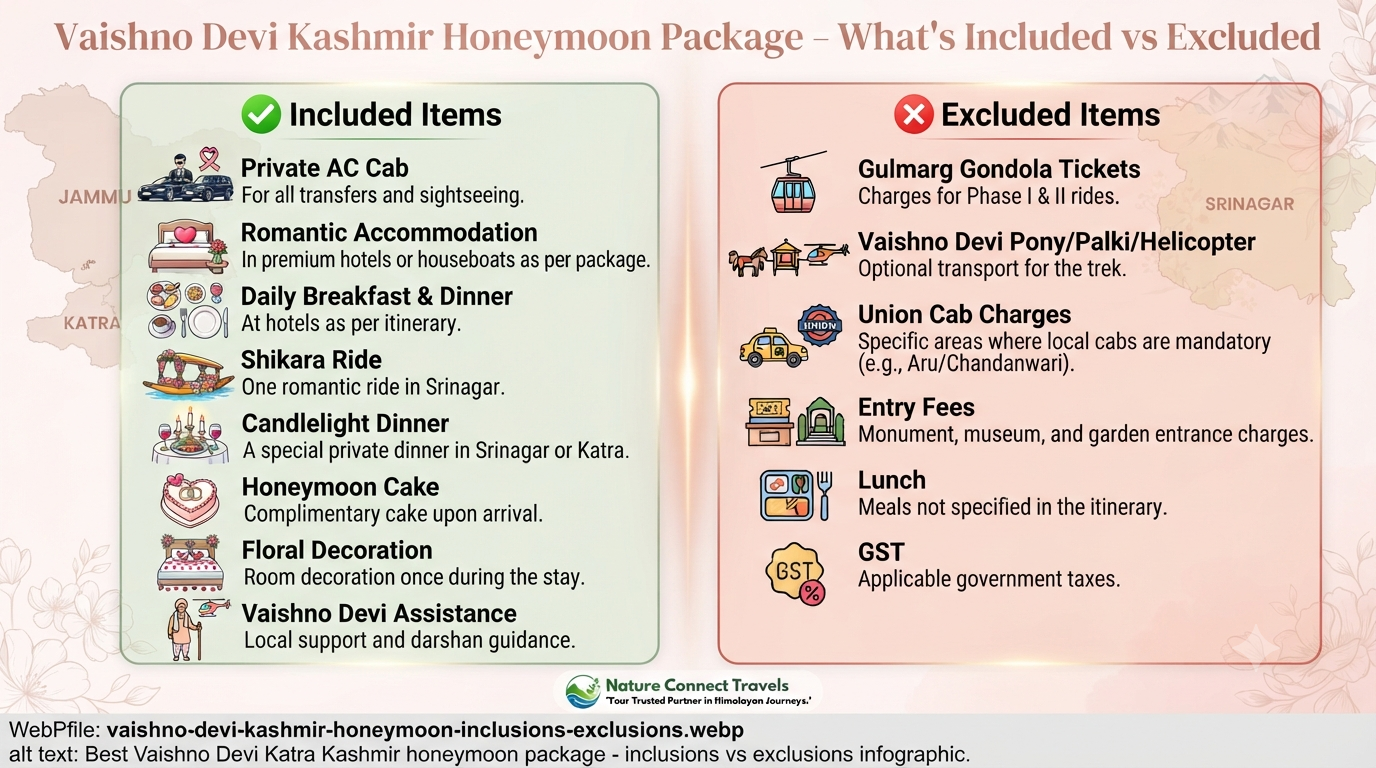 Best Vaishno Devi Katra Kashmir honeymoon package - inclusions vs exclusions 