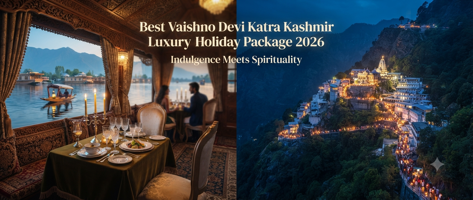 Best Vaishno Devi Katra Kashmir luxury holiday package - luxurious Dal Lake houseboat and Vaishno Devi shrine with Nature Connect Travels