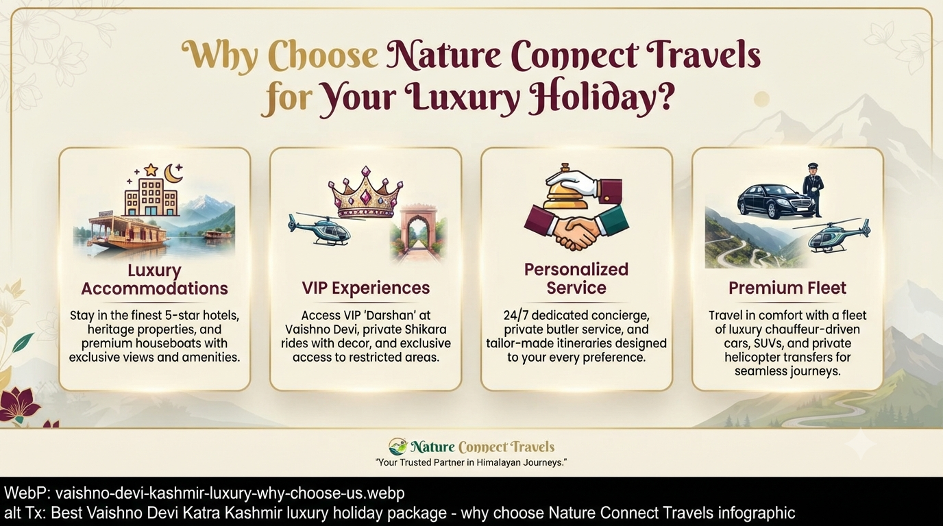 Create a well-organized luxurious infographic showing the 7-day Vaishno Devi Kashmir luxury itinerary. Show a timeline with 7 days: Day 1 (Arrive Jammu, transfer to 5-star Katra hotel), Day 2 (VIP Vaishno Devi Darshan with helicopter option), Day 3 (Luxury SUV to Srinagar, 5-star houseboat check-in, private shikara), Day 4 (Private guided Mughal Gardens tour, candlelight dinner), Day 5 (Gulmarg Gondola with VIP access), Day 6 (Pahalgam luxury picnic), Day 7 (Departure). Include luxury icons for 5-star, private shikara, candlelight dinner, and VIP darshan. Include the title "7-Day Vaishno Devi Kashmir Luxury Itinerary" at the top. Format: Horizontal infographic, 16:9, 4K resolution. Filename: vaishno-devi-kashmir-7-day-luxury-itinerary.webp. Alt Text: Best Vaishno Devi Katra Kashmir luxury holiday package - 7-day luxury itinerary infographic. Note: Compress and serve as WebP.