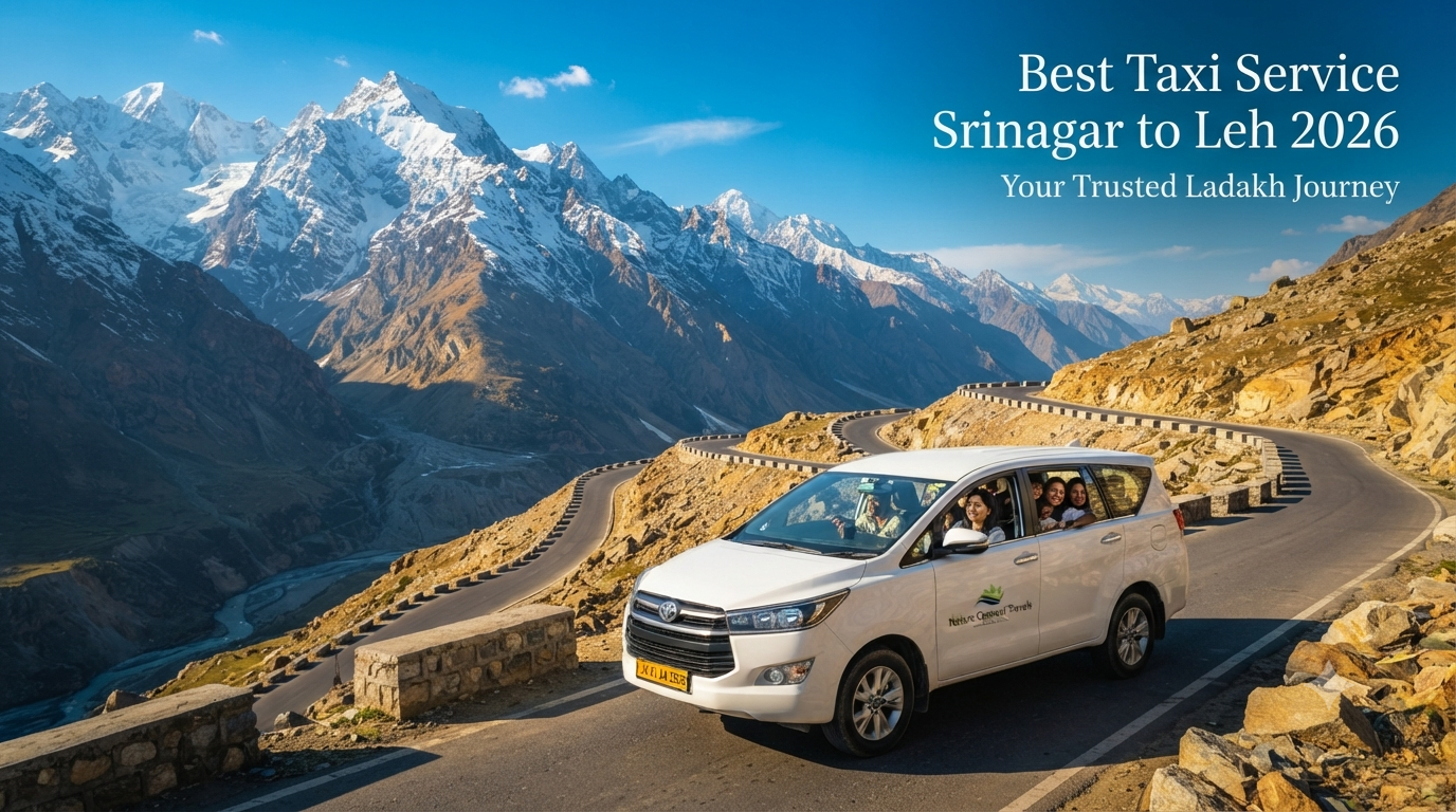 Best taxi service Srinagar to Leh - premium SUV driving through the Himalayan landscape with Nature Connect Travels.