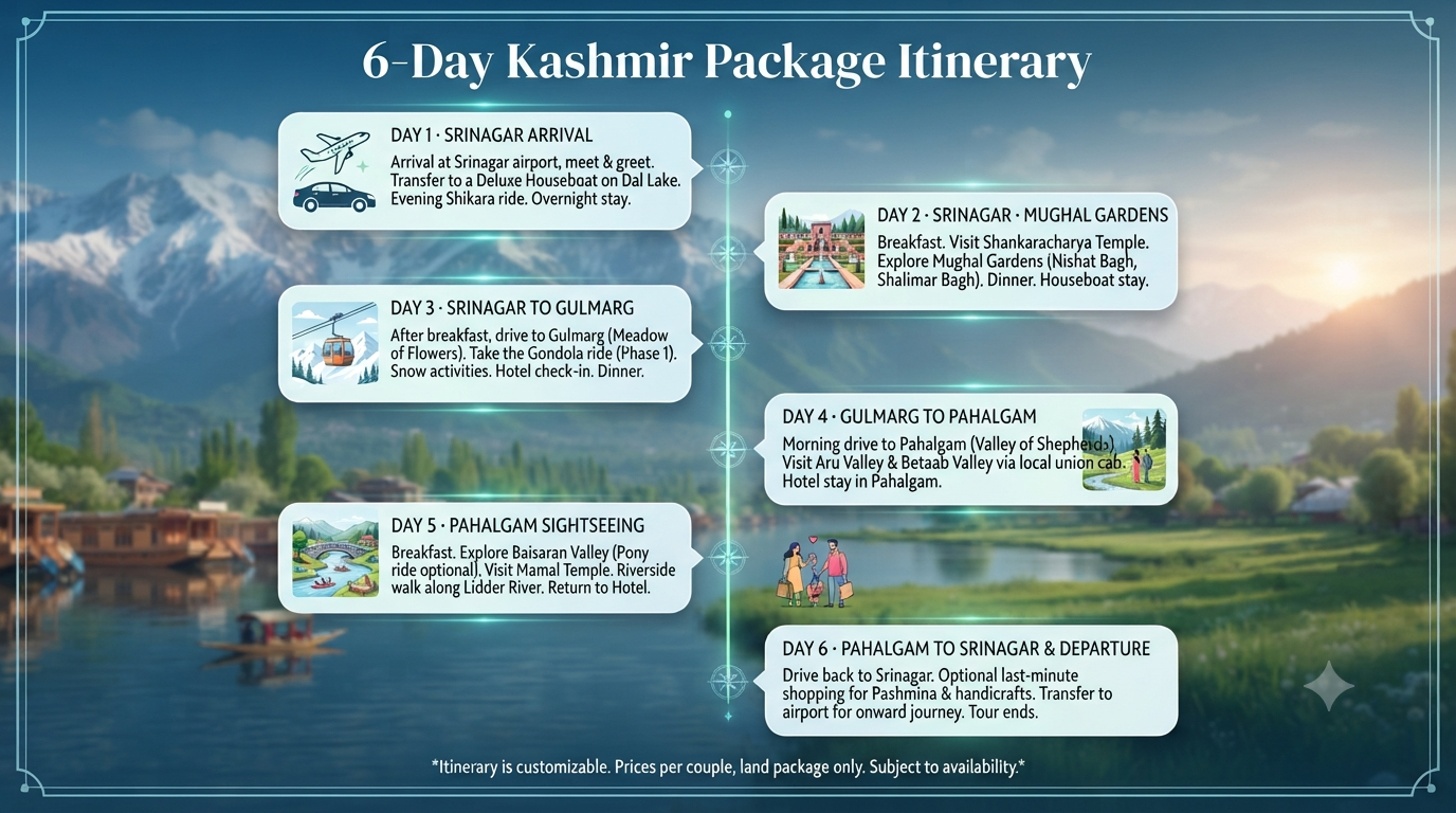 Book Kashmir package online - 6-day Kashmir package itinerary infographic