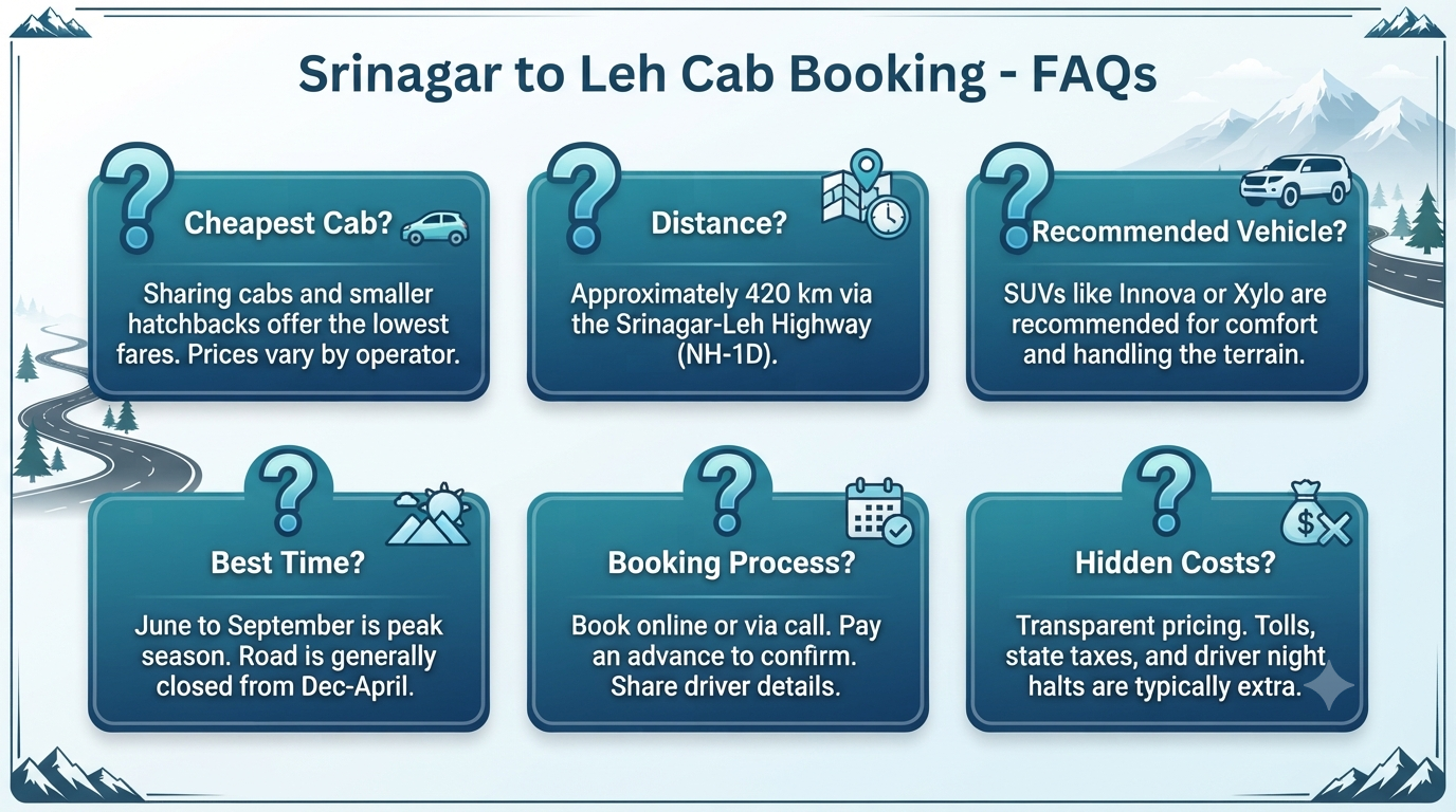 Book Cab from Srinagar to Leh 2026 | ₹4,620+ | Sedan, SUV & Tempo 14 Book cab from Srinagar to Leh - frequently asked questions