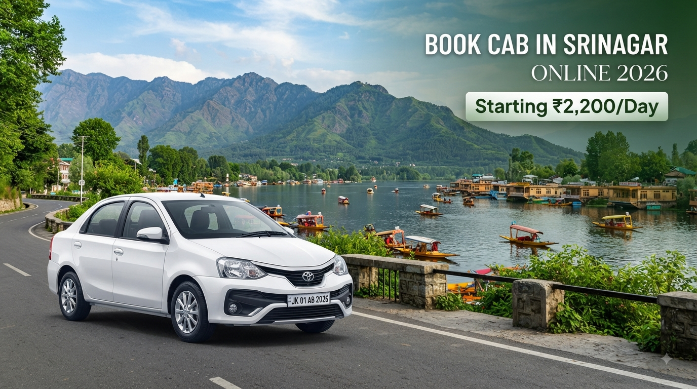 Book cab in Srinagar online - professional sedan with Dal Lake view