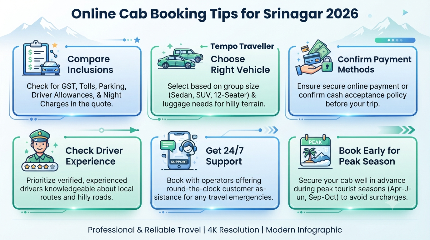 Book Online Cab in Srinagar 2026 | ₹2,200/day | Easy Booking 13 Book online cab in Srinagar - essential booking tips infographic