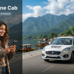 Book online cab in Srinagar - smartphone cab booking app with sedan arriving at scenic location Nature Connect Travels