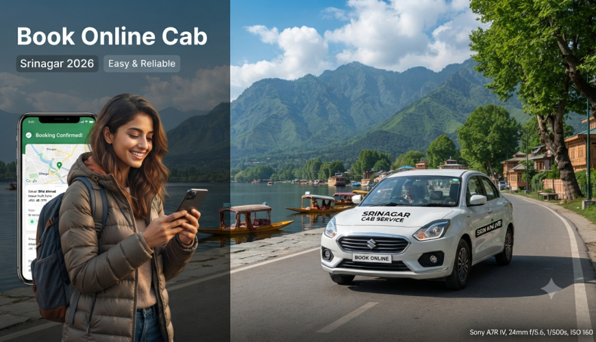 Book online cab in Srinagar - smartphone cab booking app with sedan arriving at scenic location Nature Connect Travels