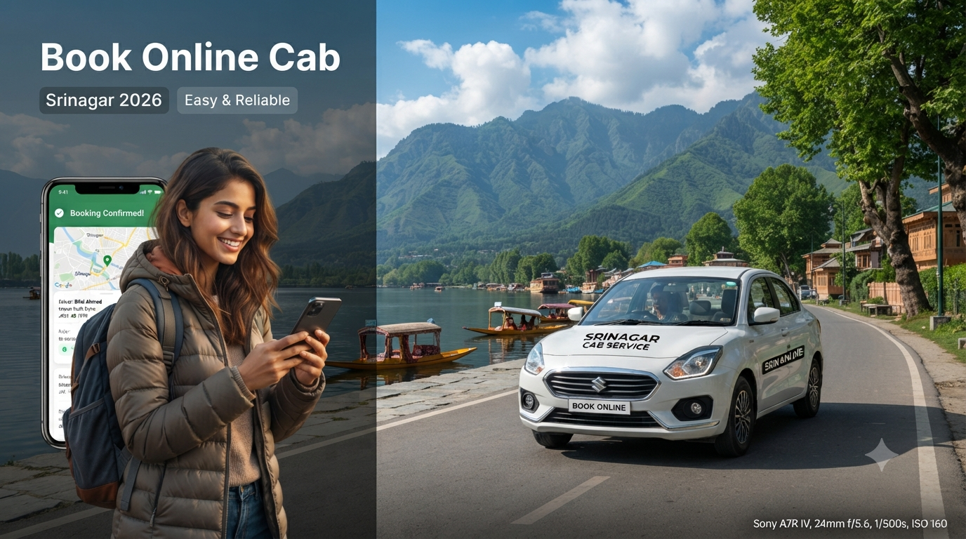 Book online cab in Srinagar - smartphone cab booking app with sedan arriving at scenic location Nature Connect Travels
