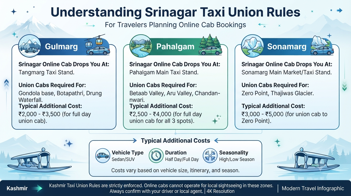 Book Online Cab in Srinagar 2026 | ₹2,200/day | Easy Booking 12 Book online cab in Srinagar - union taxi system infographic Gulmarg Pahalgam Sonamarg
