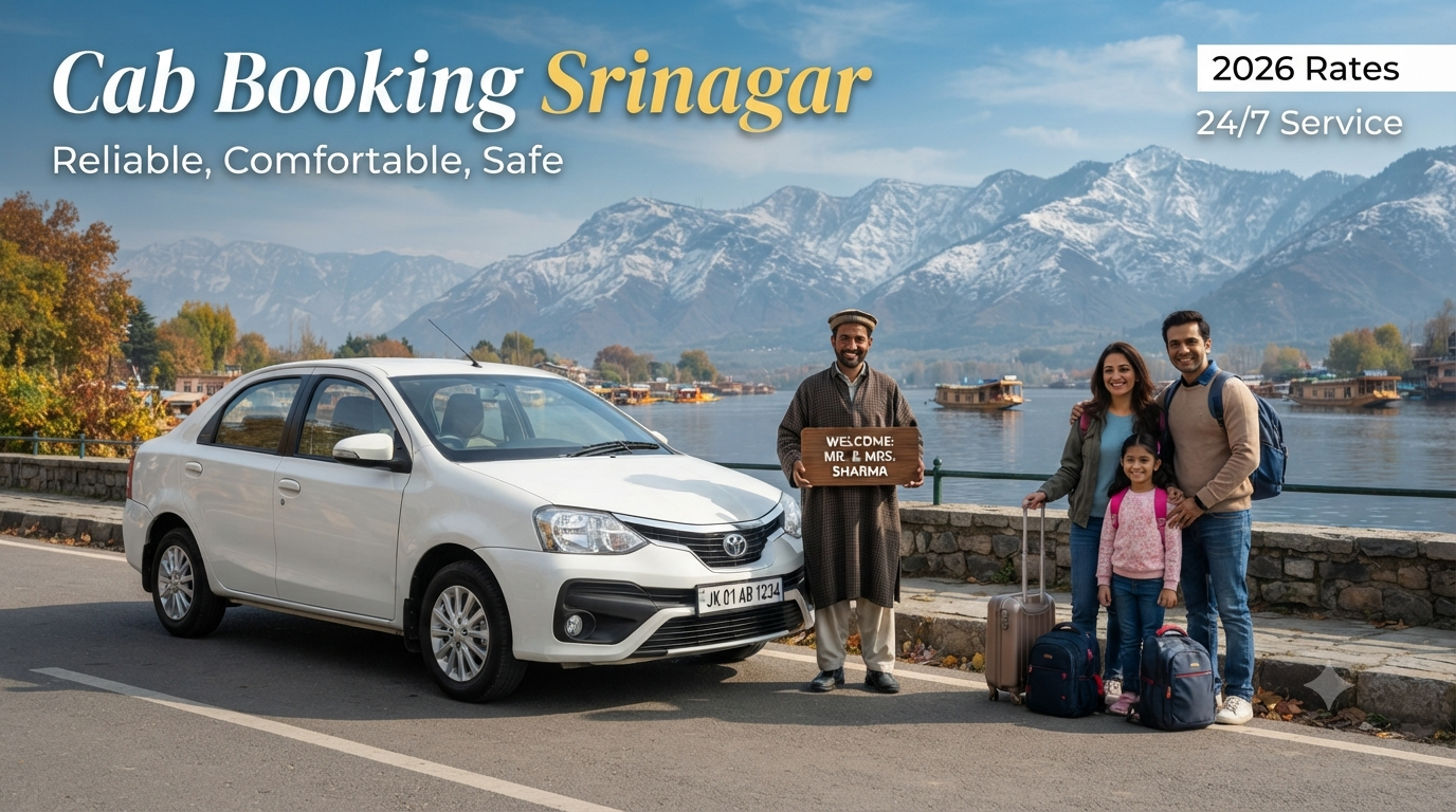 Cab booking Srinagar - professional driver with clean sedan at scenic Dal Lake location Nature Connect Travels