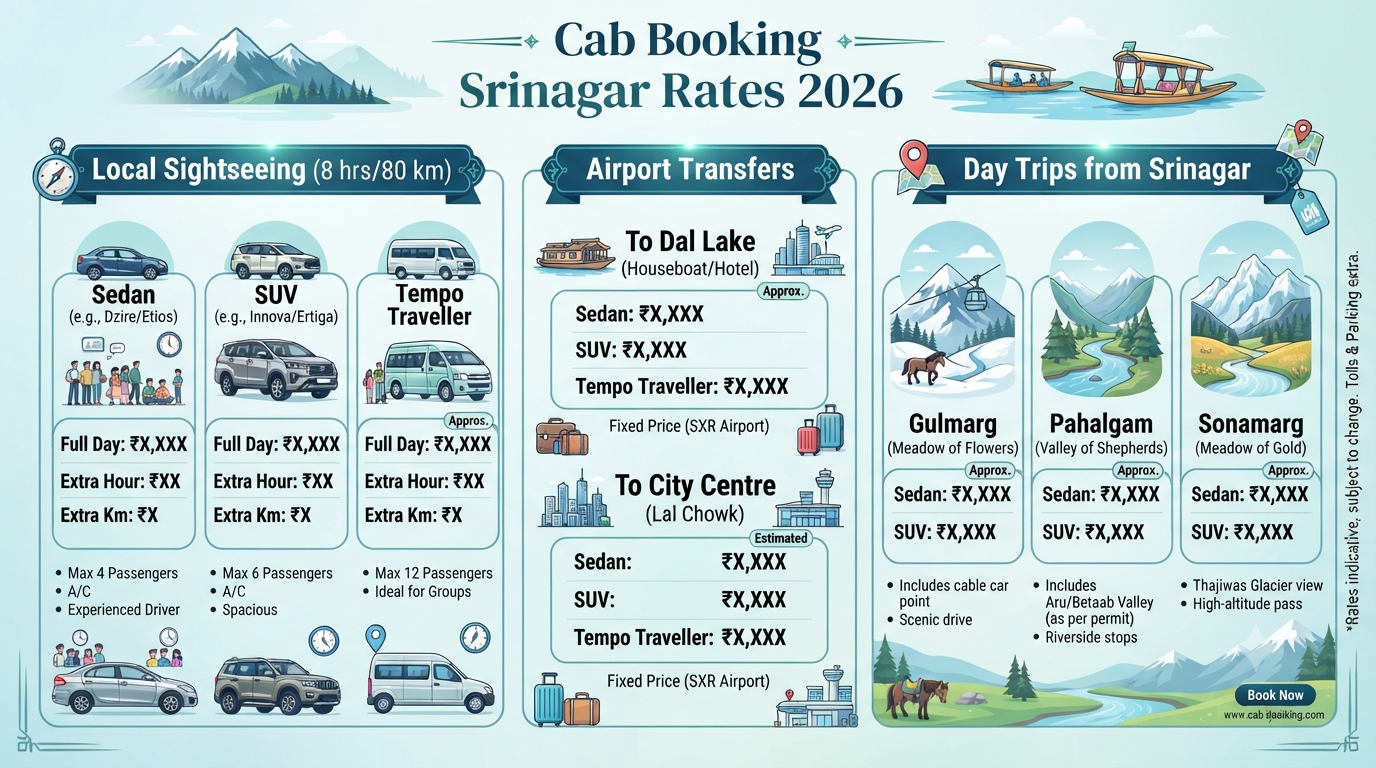 Cab booking Srinagar - taxi rates infographic local sightseeing airport transfers day trips