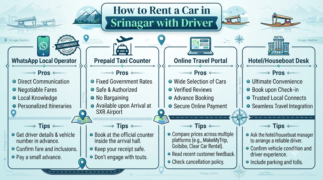 Car Rental Srinagar with Driver 2026 | ₹2,200-₹16,000/Day 11 Car rental Srinagar with driver - booking methods infographic WhatsApp operator prepaid counter online portal hotel desk