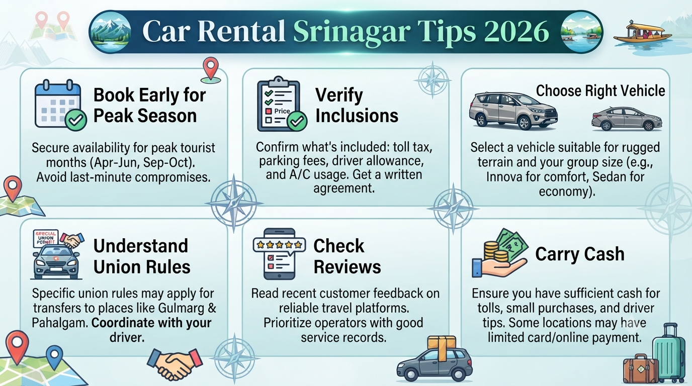 Car Rental Srinagar with Driver 2026 | ₹2,200-₹16,000/Day 13 Car rental Srinagar with driver - essential tips infographic