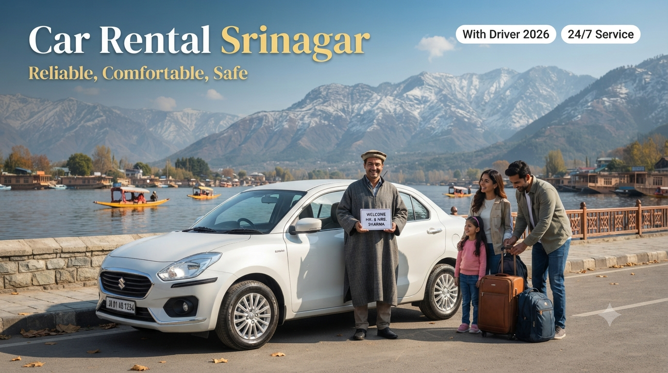 Car rental Srinagar with driver - professional chauffeur with clean sedan at scenic Dal Lake location Nature Connect Travels