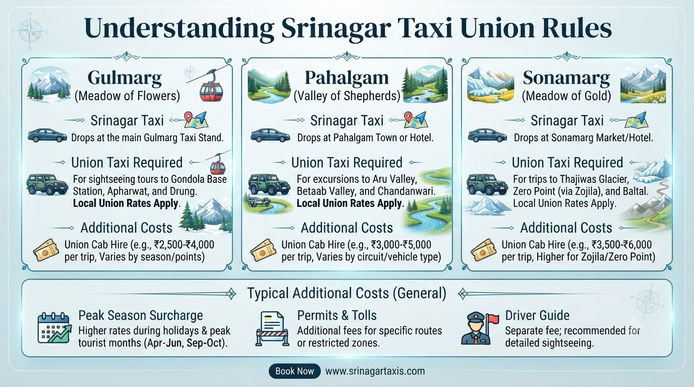 Car Rental Srinagar with Driver 2026 | ₹2,200-₹16,000/Day 12 Car rental Srinagar with driver - union taxi rules infographic Gulmarg Pahalgam Sonamarg